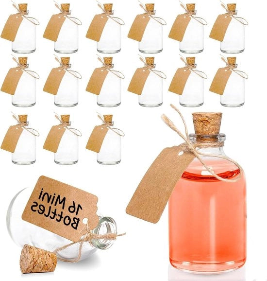 Flaconi di vetro con tappi per decorazioni di matrimonio e feste - Flaconi di vetro da 50ml - Etichette mini - Pacchetto da 16 pezzi