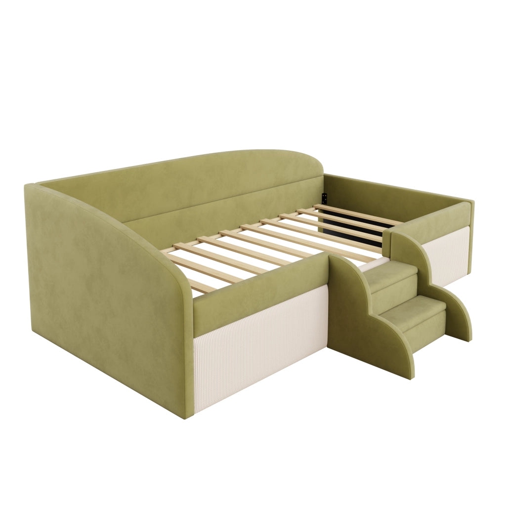 Letto per bambini 90 × 190 cm con sponde di sicurezza e gradini antiscivolo, senza materasso, in velluto, verde