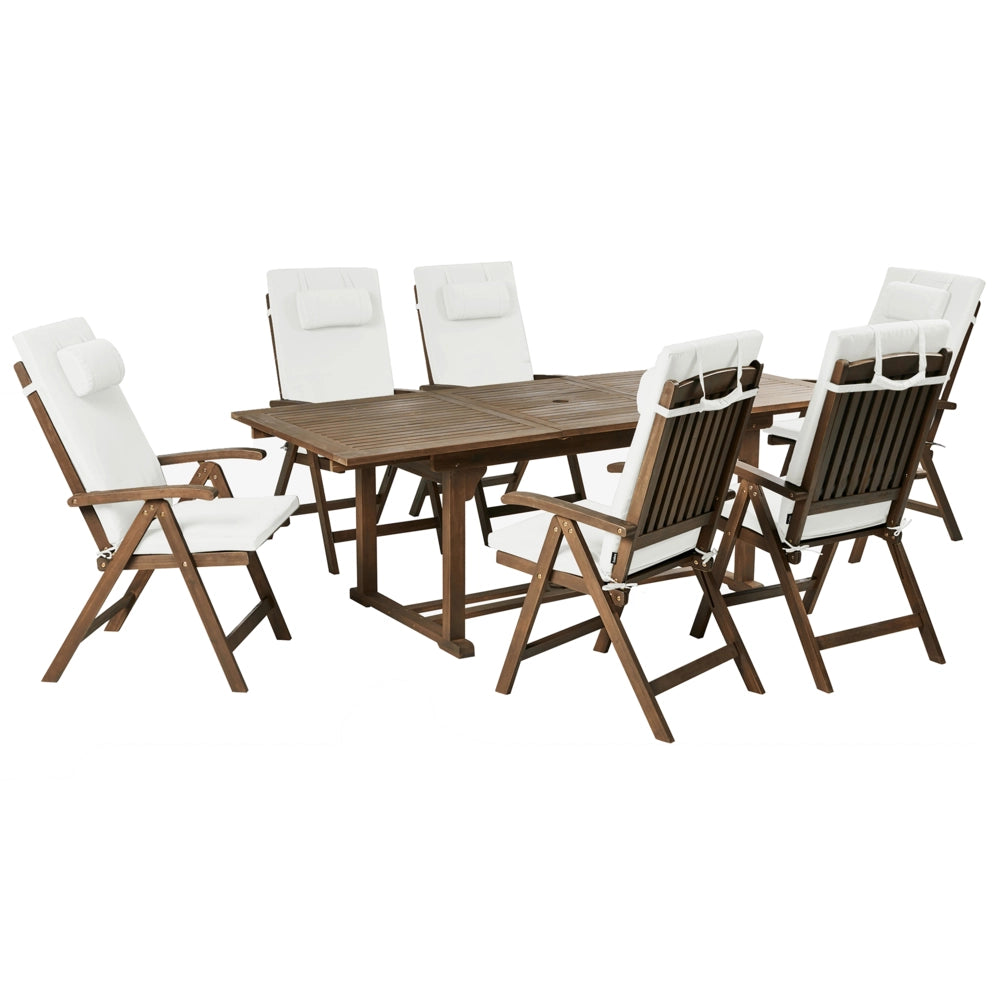 Set da giardino con 6 sedie in legno di acacia marrone scuro con cuscini bianco sporco in stile rustico con cuscini