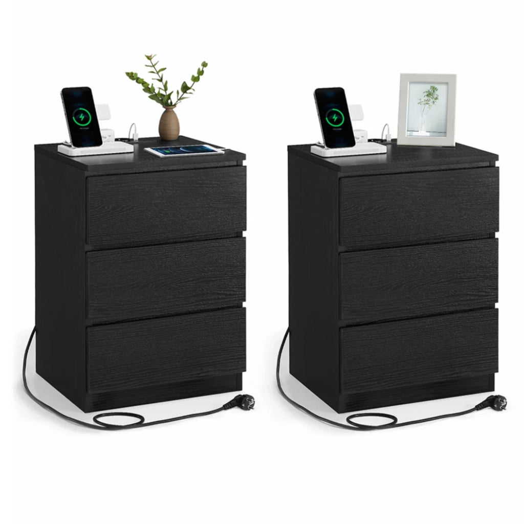 Comodino con multipresa tavolino laterale con 3 cassetti 2 prese CA 2 porte USB frontali dei cassetti smussati per soggiorno camera da letto ufficio moderno nero 12_0007611
