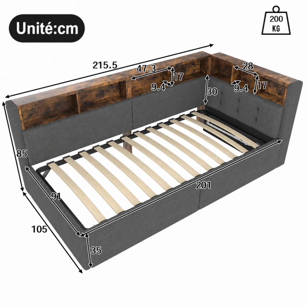 DESMIU Divano letto 90 × 200 cm 1 posto con USB, Type-C, LED regolabile, vano idraulico, senza materasso, grigio