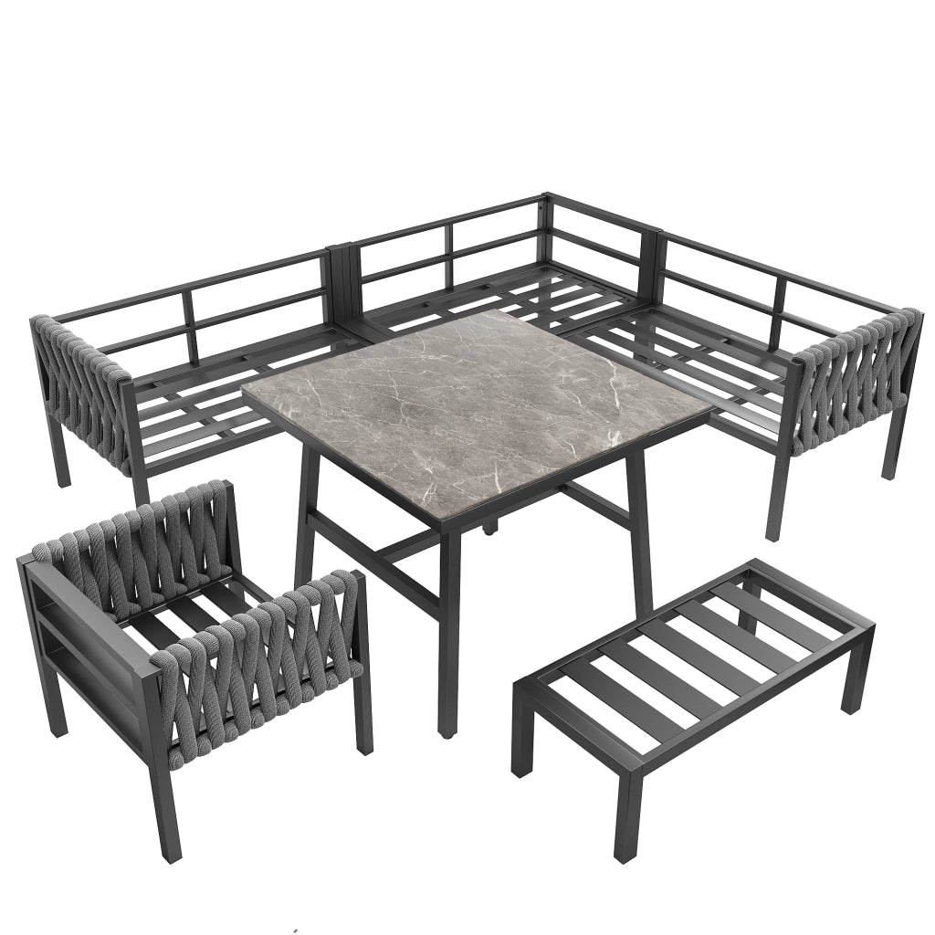 Set mobili giardino: corda intrecciata + Divanooo angolare; ferro zincato; tavolo vetro; cuscini inclusi; grigio