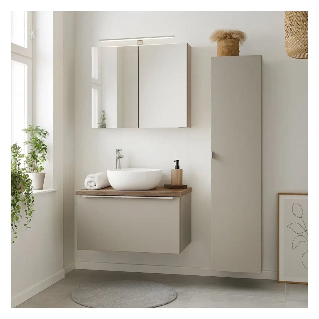 Set da bagno VANTA color taupe: mobiletto sotto lavabo 80cm + piano lavabo