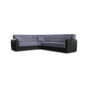Divano letto Gaillardia, Divano letto contenitore ad angolo in ecopelle e tessuto, SofÒ  da soggiorno con apertura click-clack e penisola reversibile, 305x238h91 cm, Nero e Grigio Tortora\