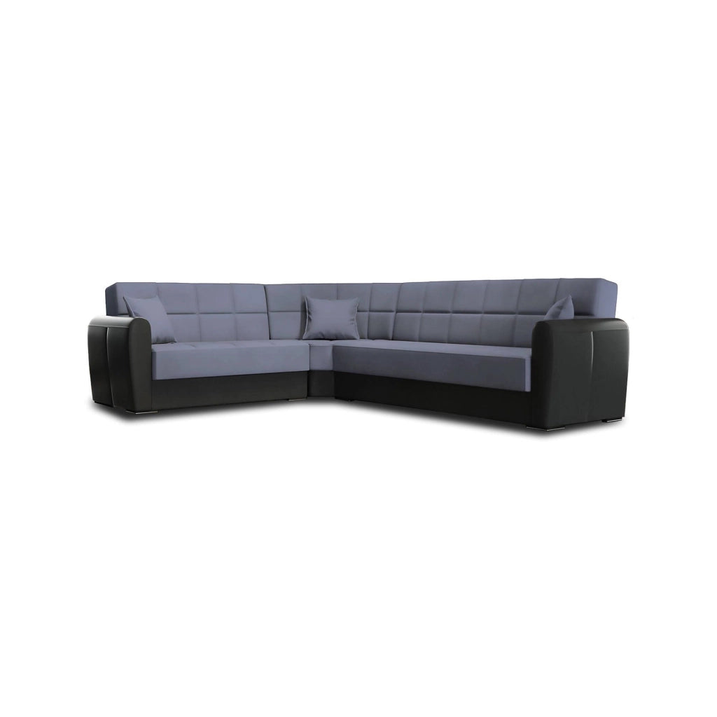 Divano letto Gaillardia, Divano letto contenitore ad angolo in ecopelle e tessuto, SofÒ  da soggiorno con apertura click-clack e penisola reversibile, 305x238h91 cm, Nero e Grigio Tortora\