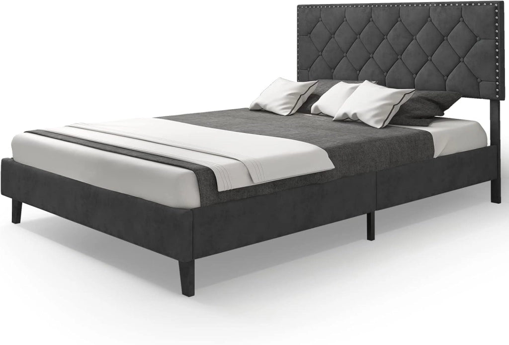Telaio del Letto a Piattaforma Imbottito, Struttura Letto Moderna con Testiera, con Doghe in Legno, Carico Massimo 450kg (200 x 140 cm)