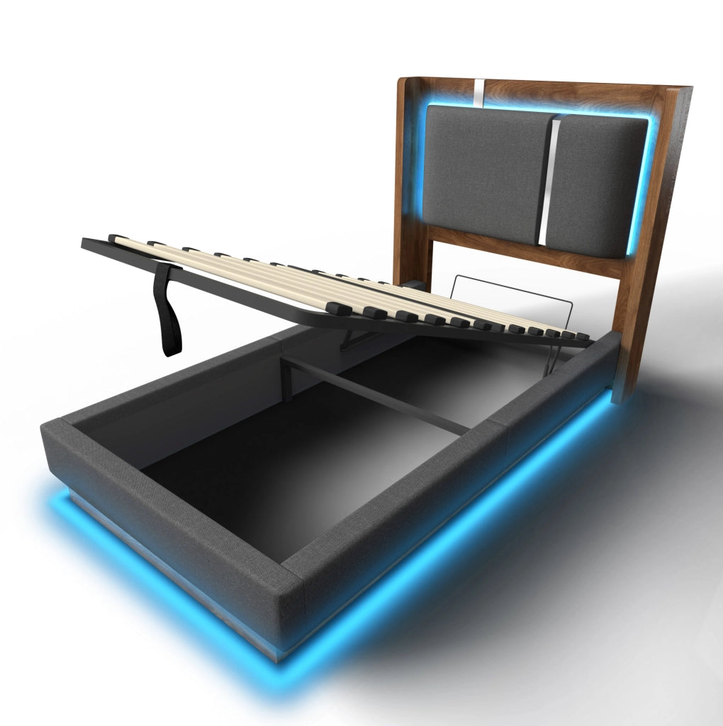 Letto imbottito 90x200 cm con LED; contenitore sollevabile e rete; grigio e noce