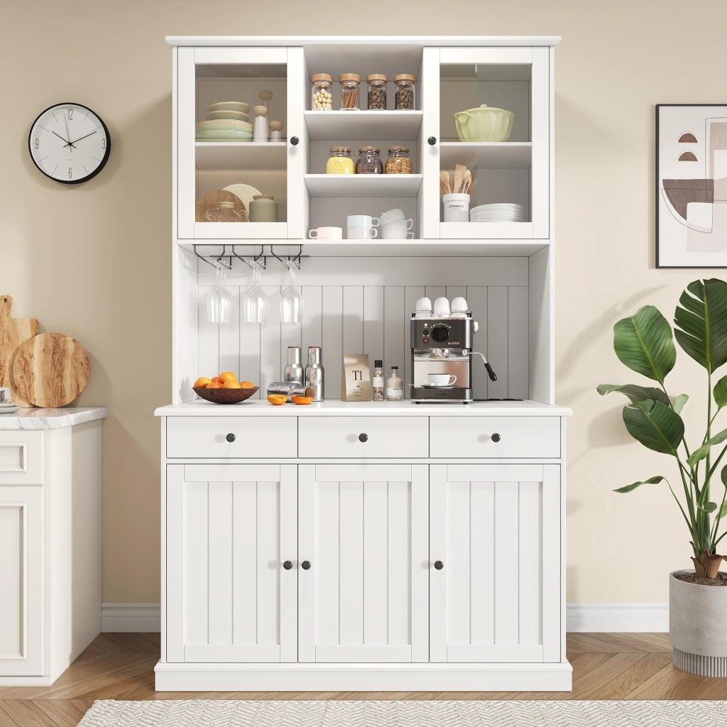 Credenza alta da soggiorno e sala da pranzo 120×40×191 cm, con ante in vetro, portabicchieri, prese e porte USB