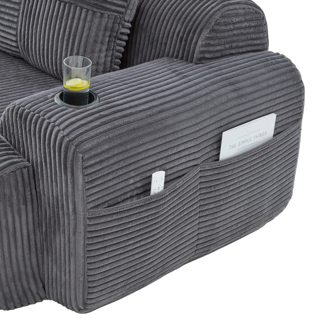 Divano modulare 3 posti in tessuto corduroy grigio scuro; 268x174x80 cm; con portabicchiere e tasca laterale