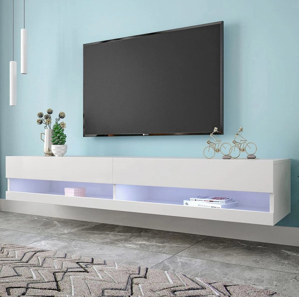 Mobile TV sospeso con illuminazione a LED e finitura bianca lucida