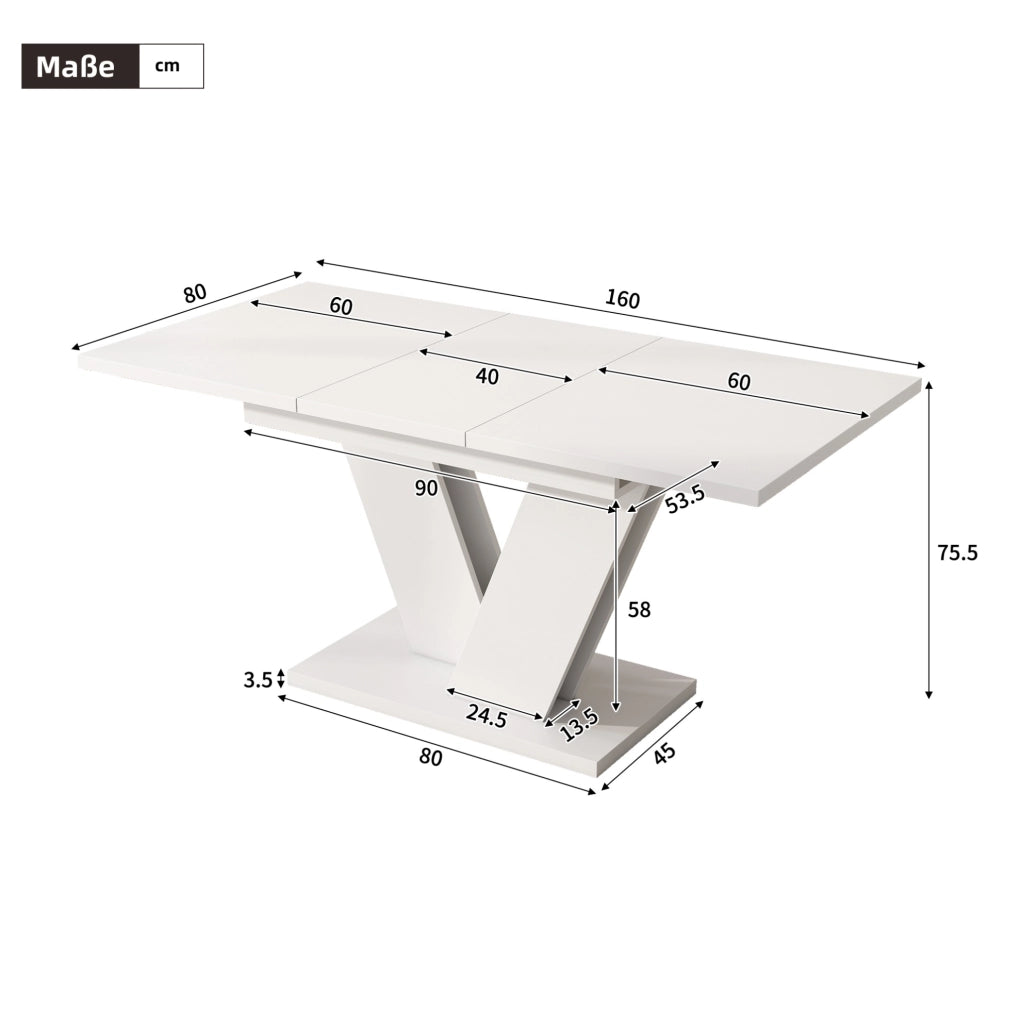 Tavolo da pranzo allungabile 120/160 x 80 cm; bianco; in MDF con gambe metalliche a V