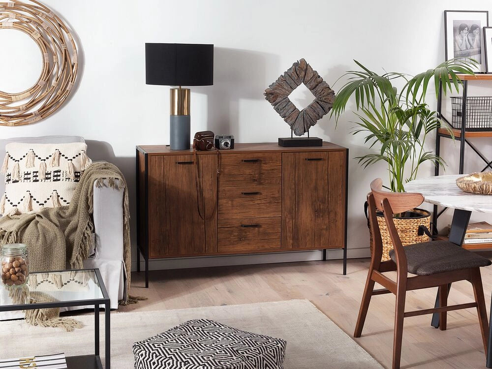 Madia credenza in Legno Scuro e Nero con Cassetti Industriale Soggiorno