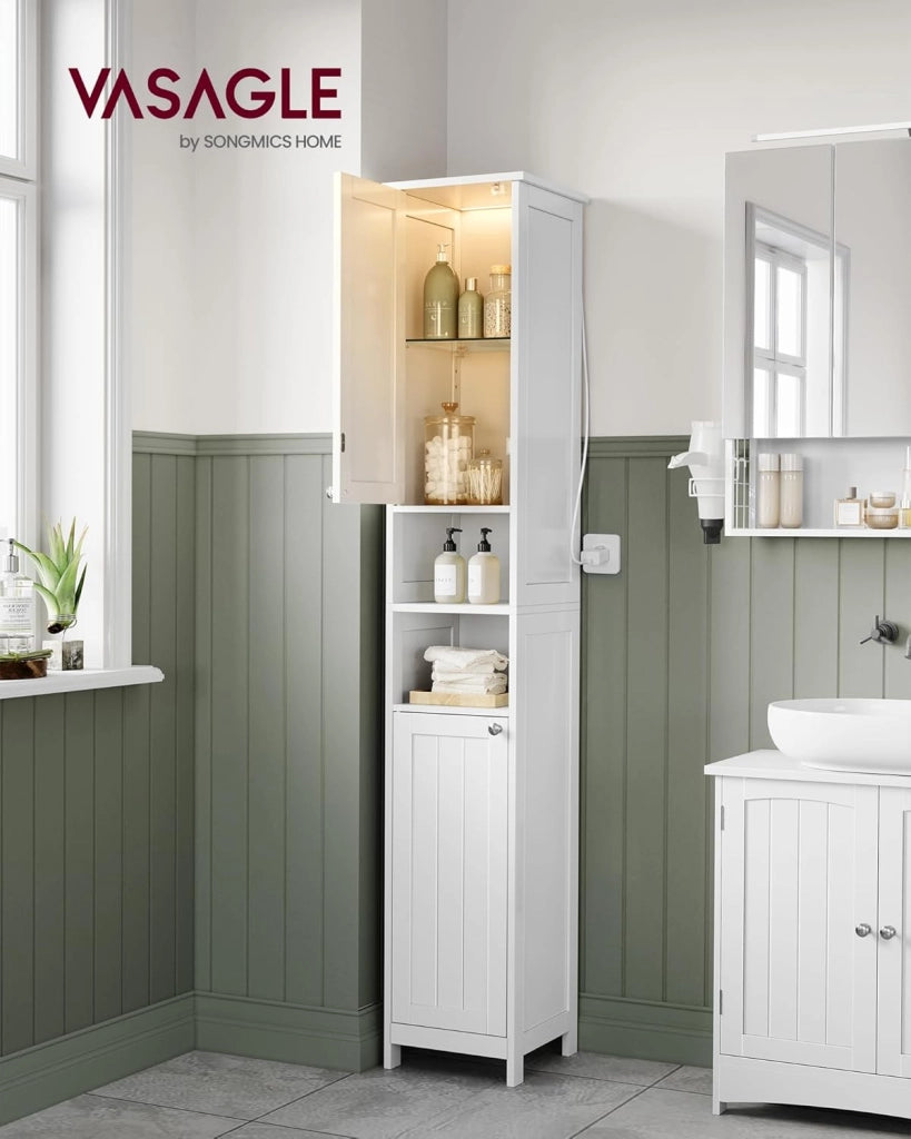 VASAGLE Mobile da Bagno con Luce, Armadietto Mobiletto da Bagno a Colonna con Ripiani Regolabili, Scomparti Aperti, per Piccoli Spazi, Moderno, Bianco Nuvola BBC566W03