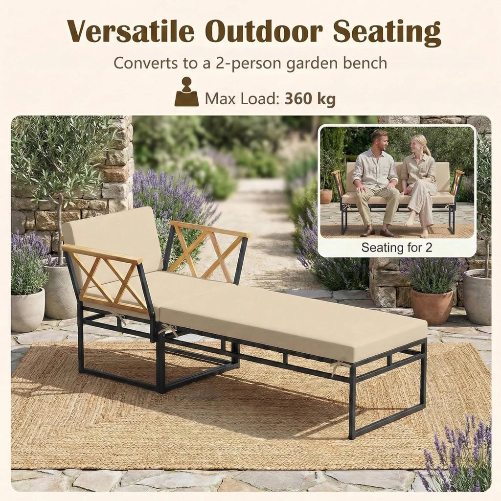 Set di 2 mobili da balcone, sdraio modulare con cuscino, poltrona e pouf, sdraio da giardino per 1-3 persone, per piscina, giardino, cortile, terrazza, 75 x 175 x 66 cm