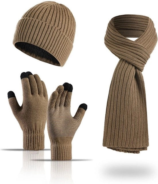 Set invernale unisex a 3 pezzi con cappello, sciarpa, guanti touchscreen caldi, calore invernale concentrato per campeggio, escursioni, bicicletta, sci - Khaki - 38*28*4