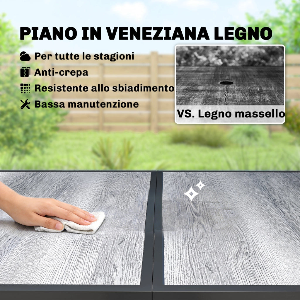 Tavolo da Giardino 4-6 Persone 150x80x74 cm con Piano Effetto Legno in Acciaio e Plastica Grigio e Nero
