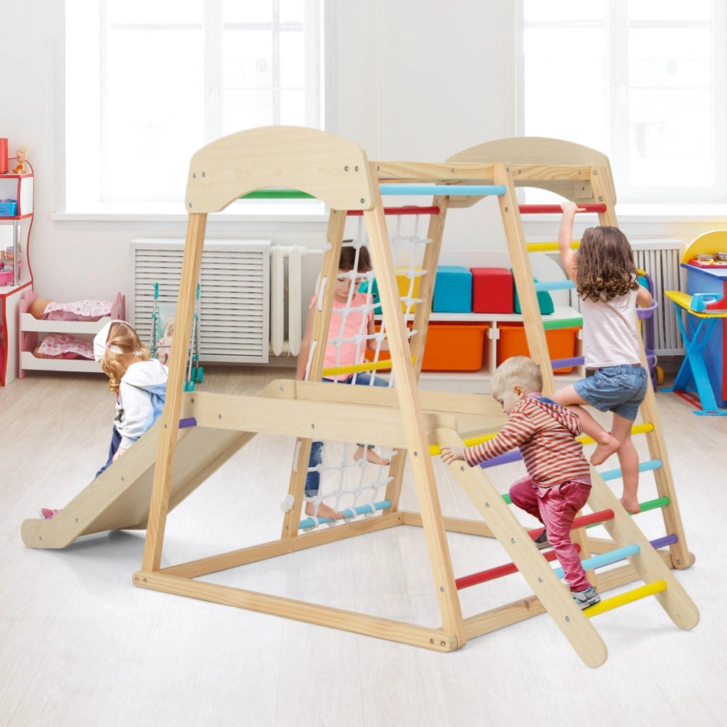 Parco giochi 6-in-1 per bambini 1+ anni con barre di scimmia scivolo corda e scale in legno, Palestra in legno Colorato-Arrampicate e scivoli