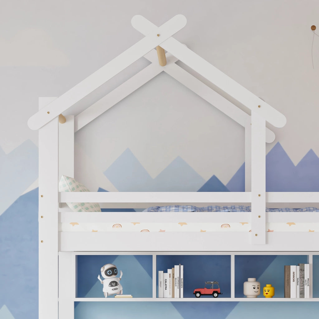 DESMIU Letto a castello 90 × 200 cm con cassetti, ripiani e scala, senza materasso, in legno, bianco