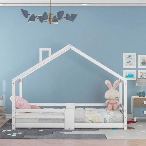 Letto a Casetta per Bambini con Doghe e Protezione ¨C MINIMAL ¨C Pino Bianco 90x200
