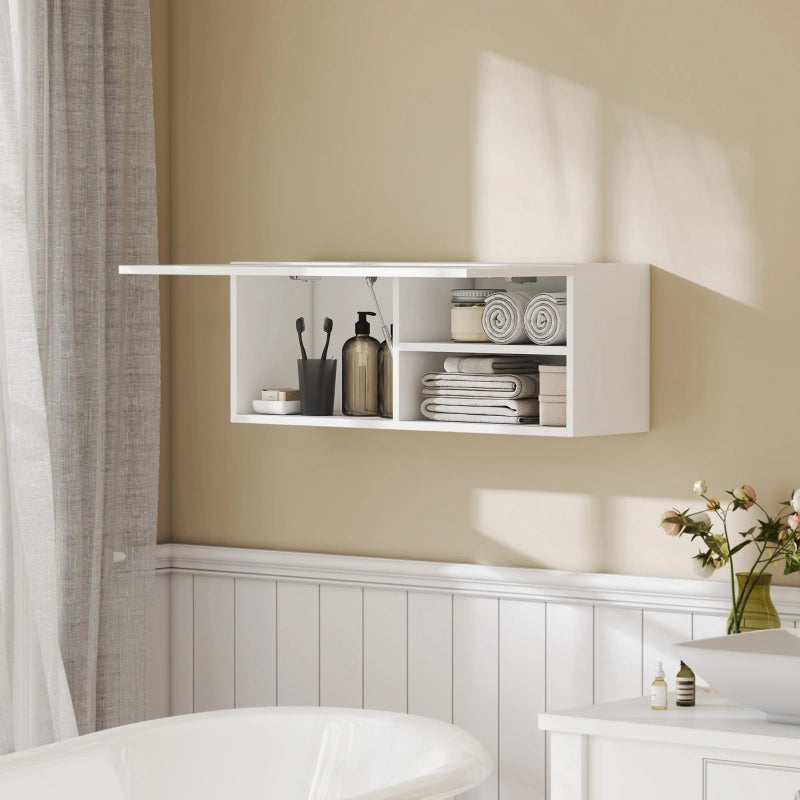 Mobiletto da bagno, pensile con anta a ribalta, molla a gas, ripiano, 80 x 25 x 30 cm, bianco