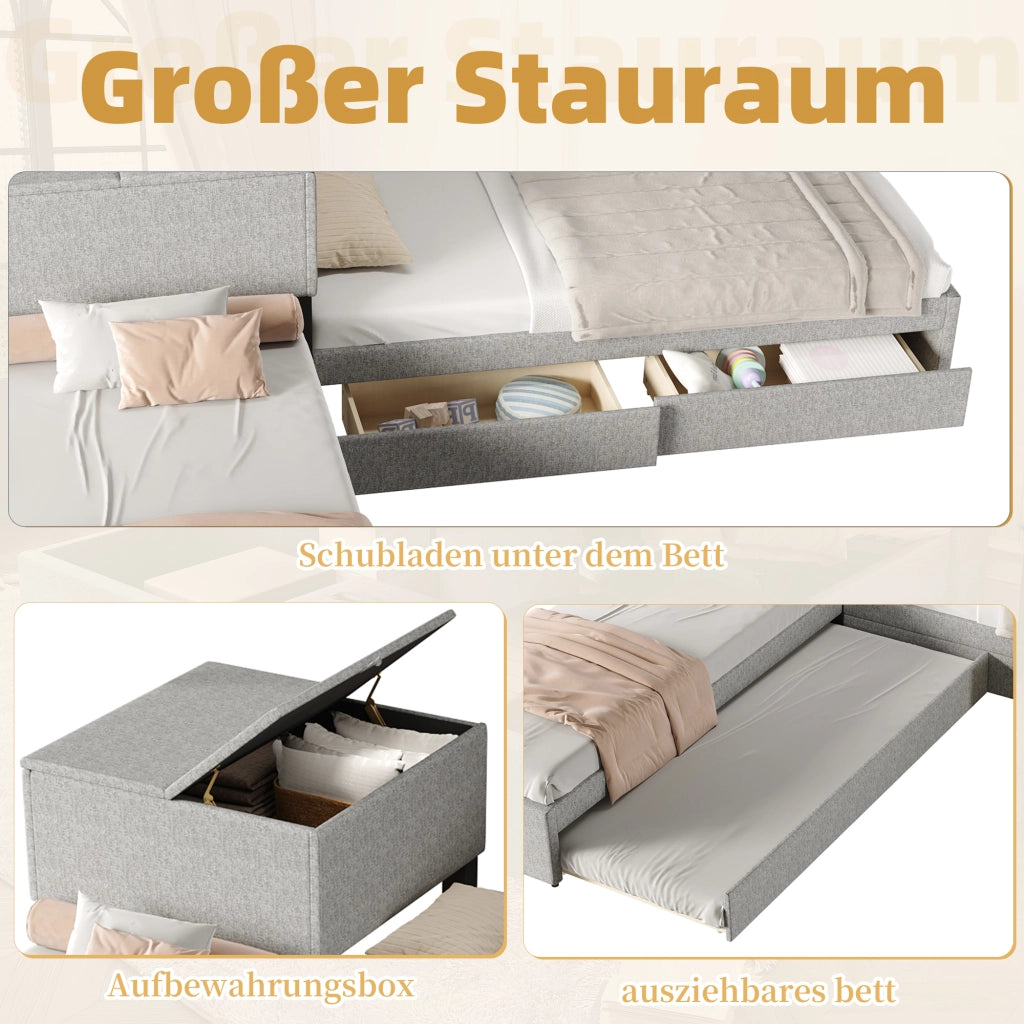 Letto Combinato 90x200 cm; Letto Singolo; Estraibile; con Contenitore e 2 Cassetti in Lino Grigio