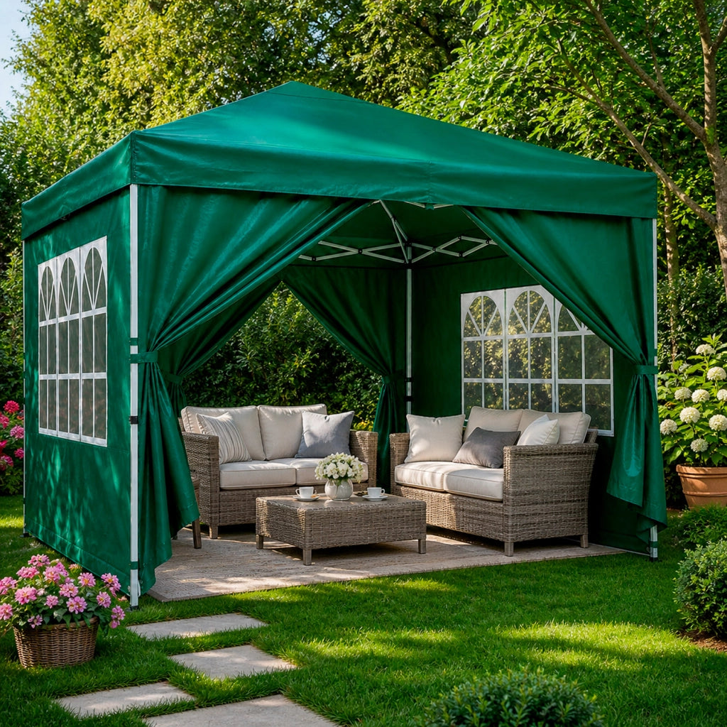 Gazebo Pieghevole Da Giardino Con Pareti Laterali E Finestre Trasparenti Sistema Pop Up Copertura Impermeabile UV50+ Telaio In Acciaio Per Eventi Outdoor 3 x 3 x 2.59 M Verde