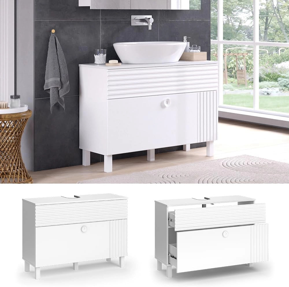Mobile sottolavabo per bagno Sola, Bianco, 100.2 x 72.4 cm con 2 cassetti, adatto al montaggio a parete per spazio di archiviazione aggiuntivo