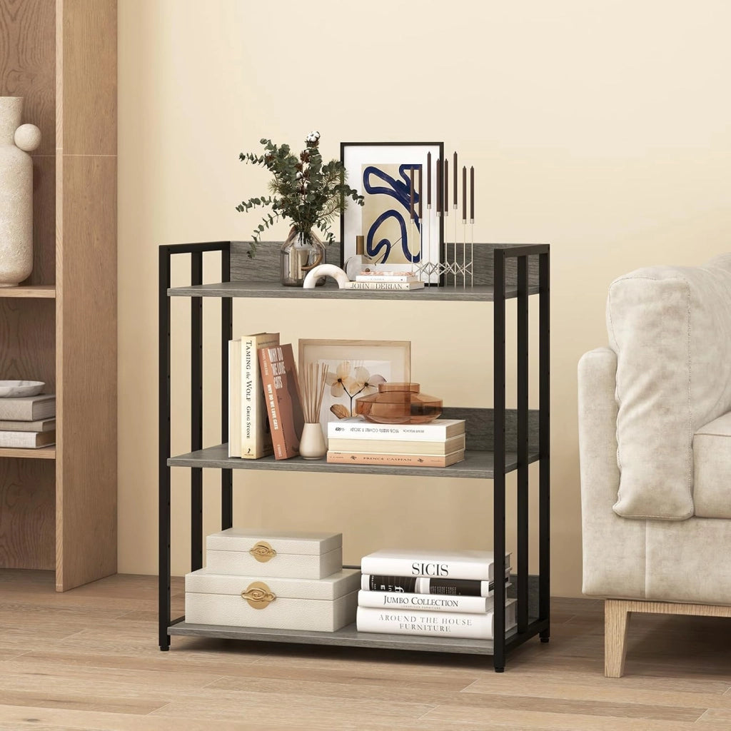 Libreria Scaffale Industriale 3 Ripiani Regolabili con Alette di Protezione, Scaffale Libreria Portaoggetti in Telaio in Metallo, Mensola Multifunzione, 2 Colori, 70 x 35 x 81 cm (Grigio)