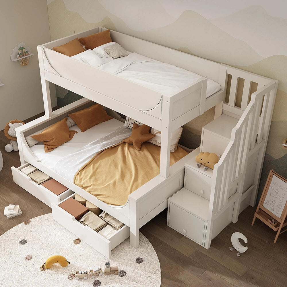 Letto a castello-Xylo-90x200+140x200cm, scala, cassetti, design slitta, bianco