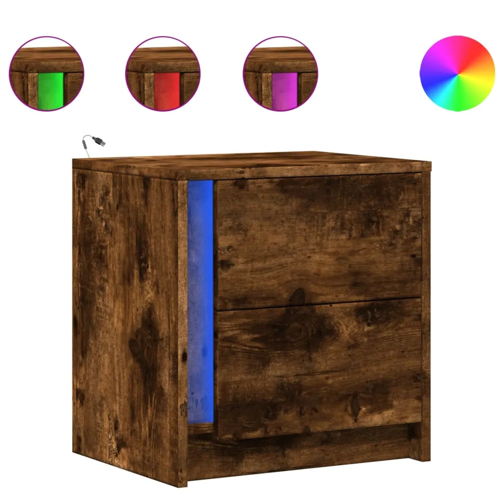 Comodino | Armadio da Notte | Mobiletto da notte con Luci LED Rovere Fumo in Legno Multistrato