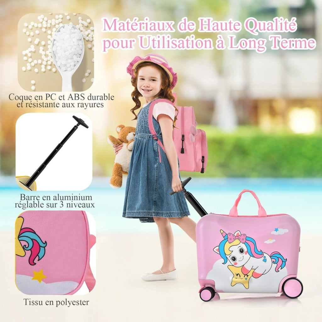 Set di Valigia Cavalcabile 18’’ + Zaino 12’’ per Bambini 2 Pezzi, Bagagli 2-in-1 di con Maniglia Telescopica e 4 Ruote, Trolley Bagaglio a Mano e Zaino per Bambini (Rosa Unicorno-C)