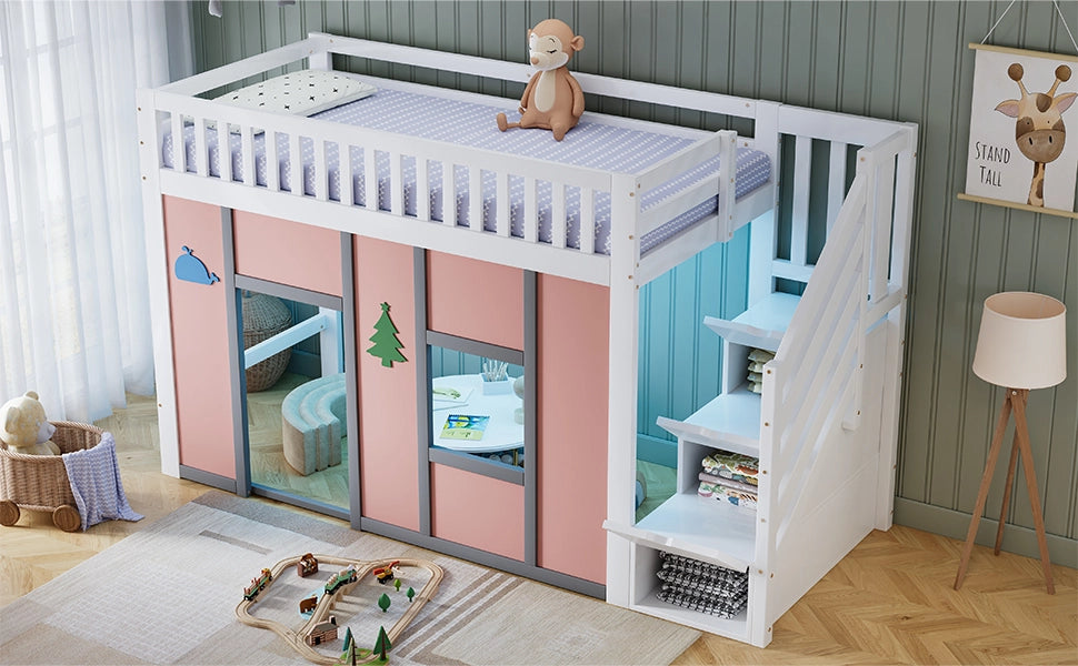 Letto a soppalco per bambini 90 × 200 cm con scala contenitore, LED, barriera di sicurezza, senza materasso, bianco rosa