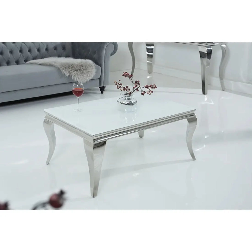 Table bassa VELENA 100 cm argentata con vetro temperato opaco – Gambe curve in stile barocco