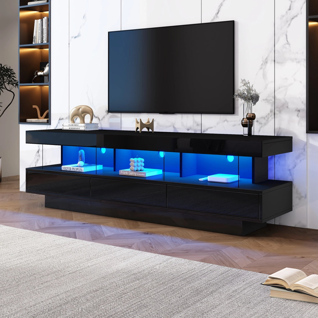 Mobile porta TV con 3 vani in vetro, LED con controllo Bluetooth, per soggiorno, nero lucido, 160 × 38 × 50,5 cm