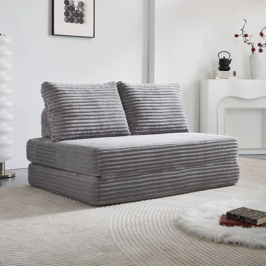 Divano letto multifunzionale in tessuto con schienali removibili e texture effetto velluto, grigio chiaro