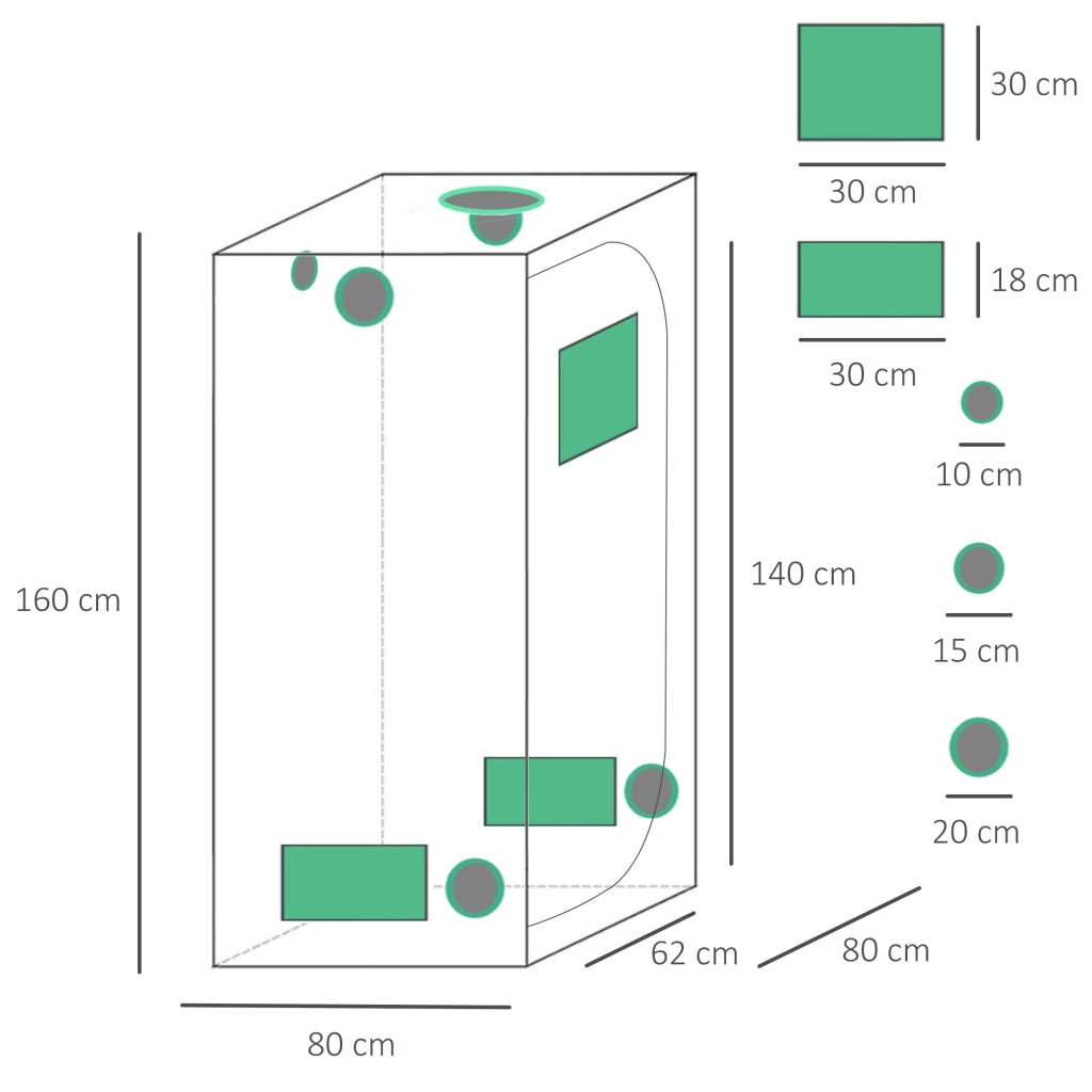 Tenda Idroponica 80x80x160 cm ¨C zephmum ¨C Nero Oxford 600D 5 Prese d'Aria Finestra