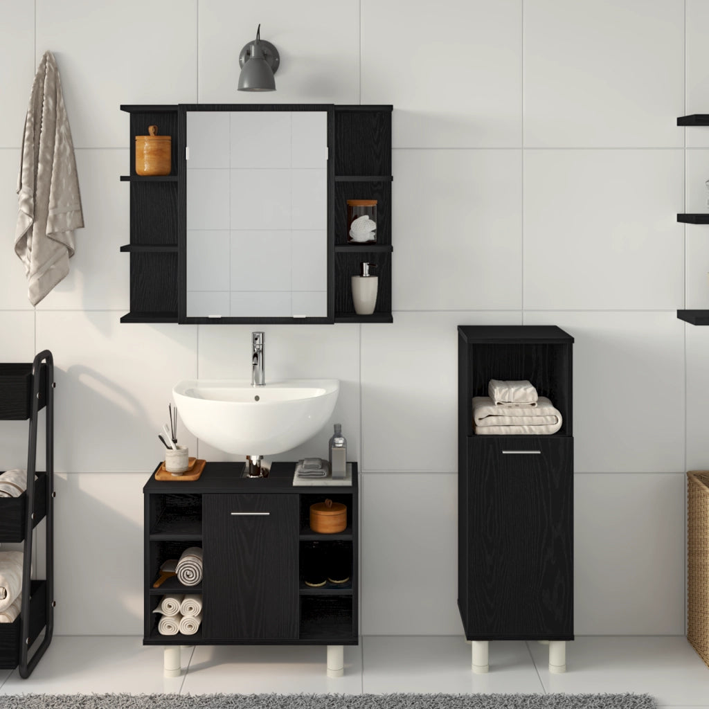 Set di mobili da bagno 3 pezzi in legno ingegnerizzato con finitura rovere nero