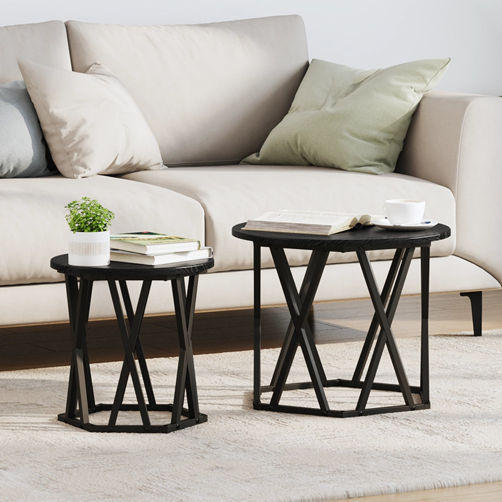 Set di 2 Tavolini Nesting Nero e Quercia in Legno Ingegnerizzato