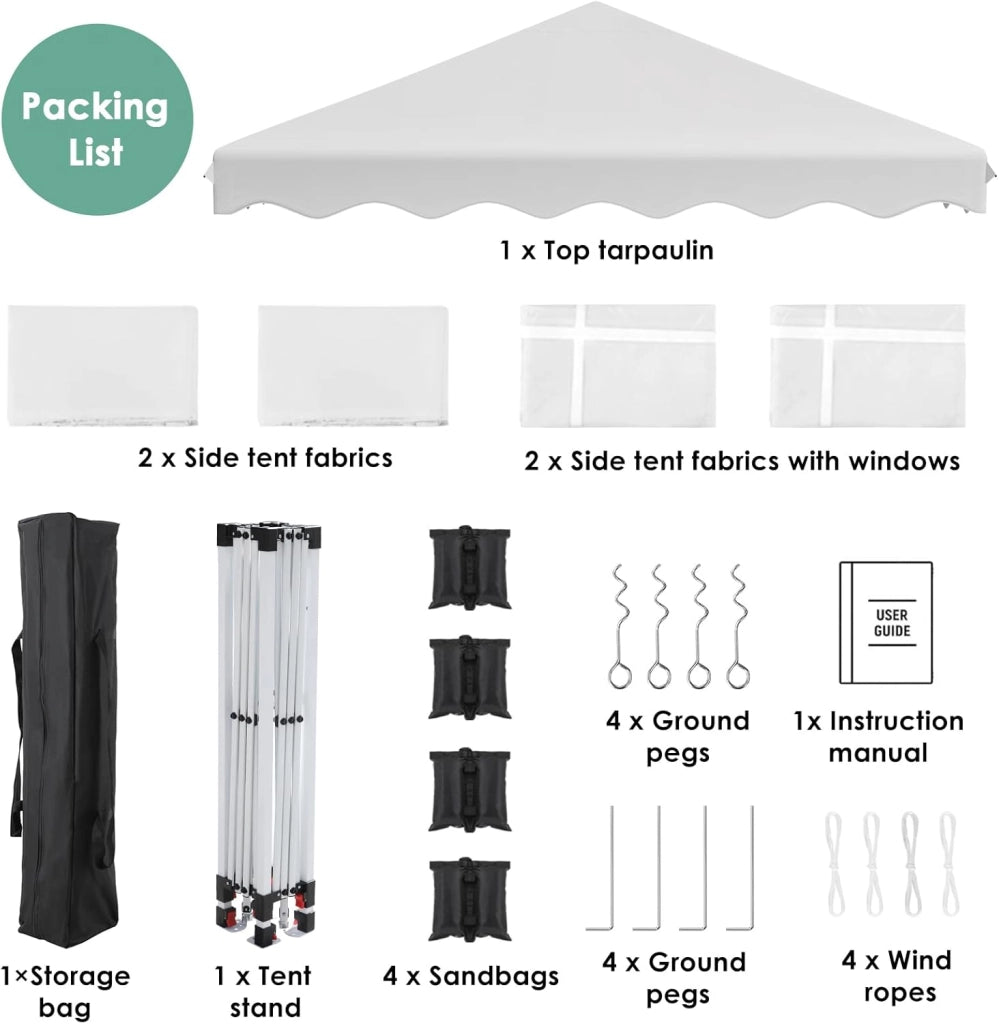 Gazebo 3x3, Gazebi Pieghevole con Oxford, Tenda Giardino Pieghevole, Impermeabile, per Feste, Tenda con 4 PCS Sacchi di Sabbia, Padiglione Giardino Protezione UV 50+, Per il Campeggio (Bianco)