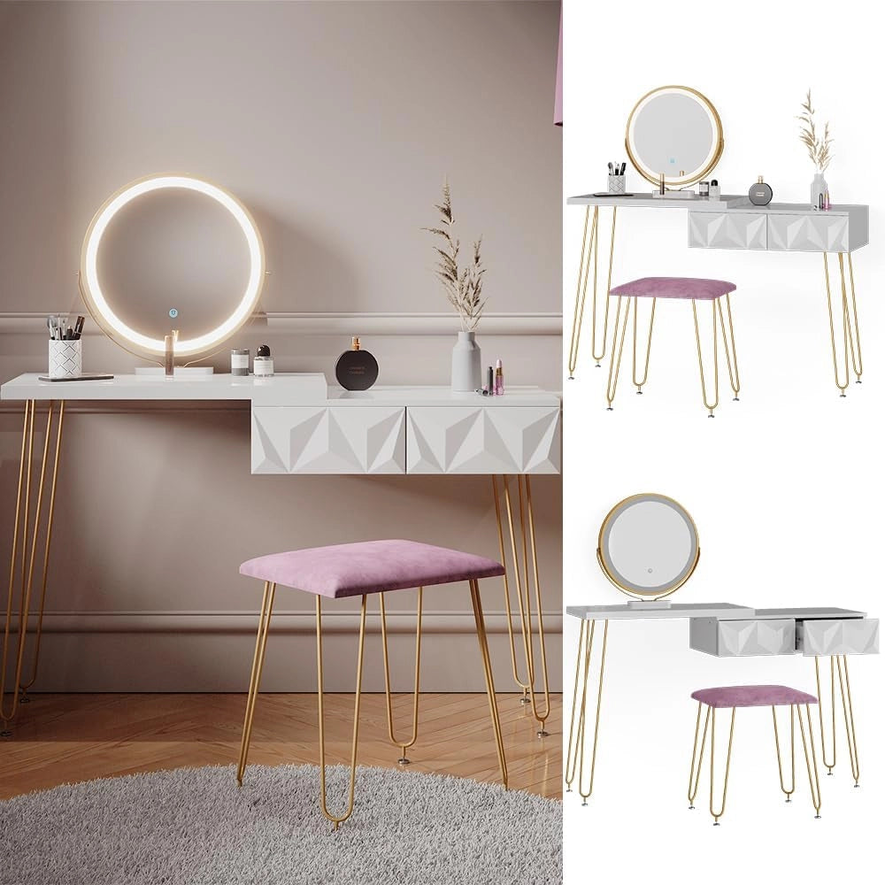 Vicco Tavolo da toeletta Bella, Bianco, 120 cm con illuminazione LED e sgabello, con illuminazione LED e sgabello imbottito