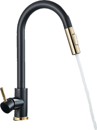 JANA | Rubinetto da cucina estensibile Premium in acciaio inossidabile oro nero | Miscelatore alto Bogo alta pressione ruotabile a 360° 2 attacchi