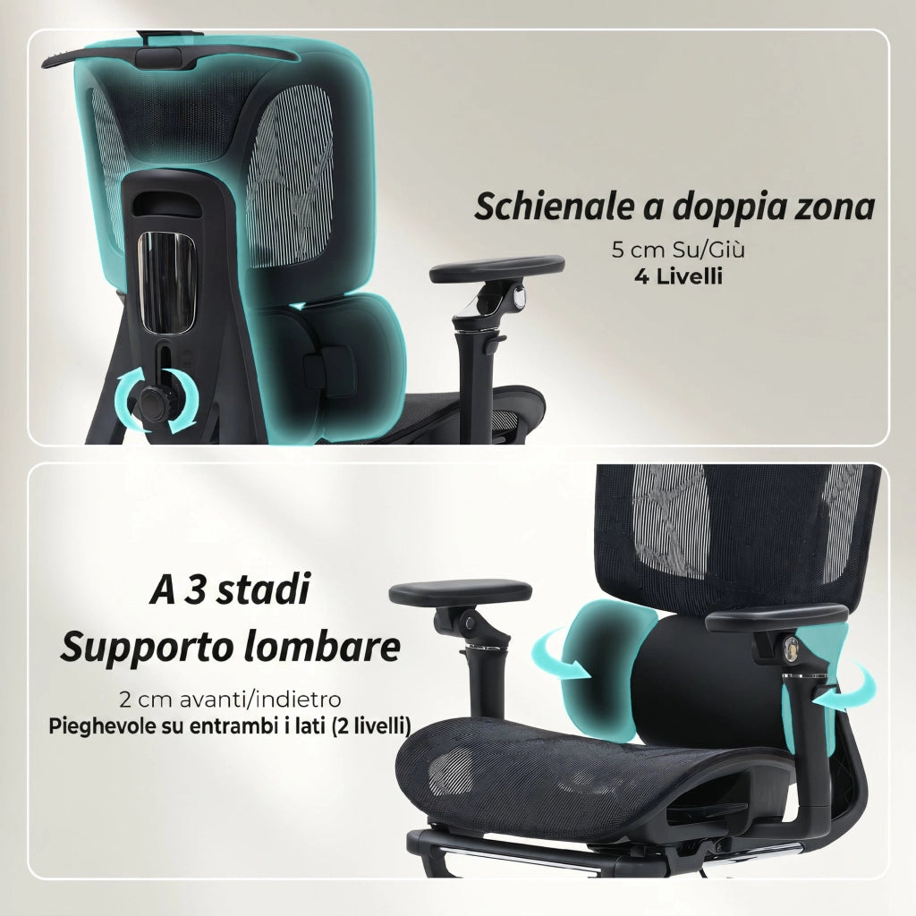 Sedia da Ufficio Ergonomica con Braccioli Poggiatesta Schienale Regolabili Funzione Dondolo in Rete Nero