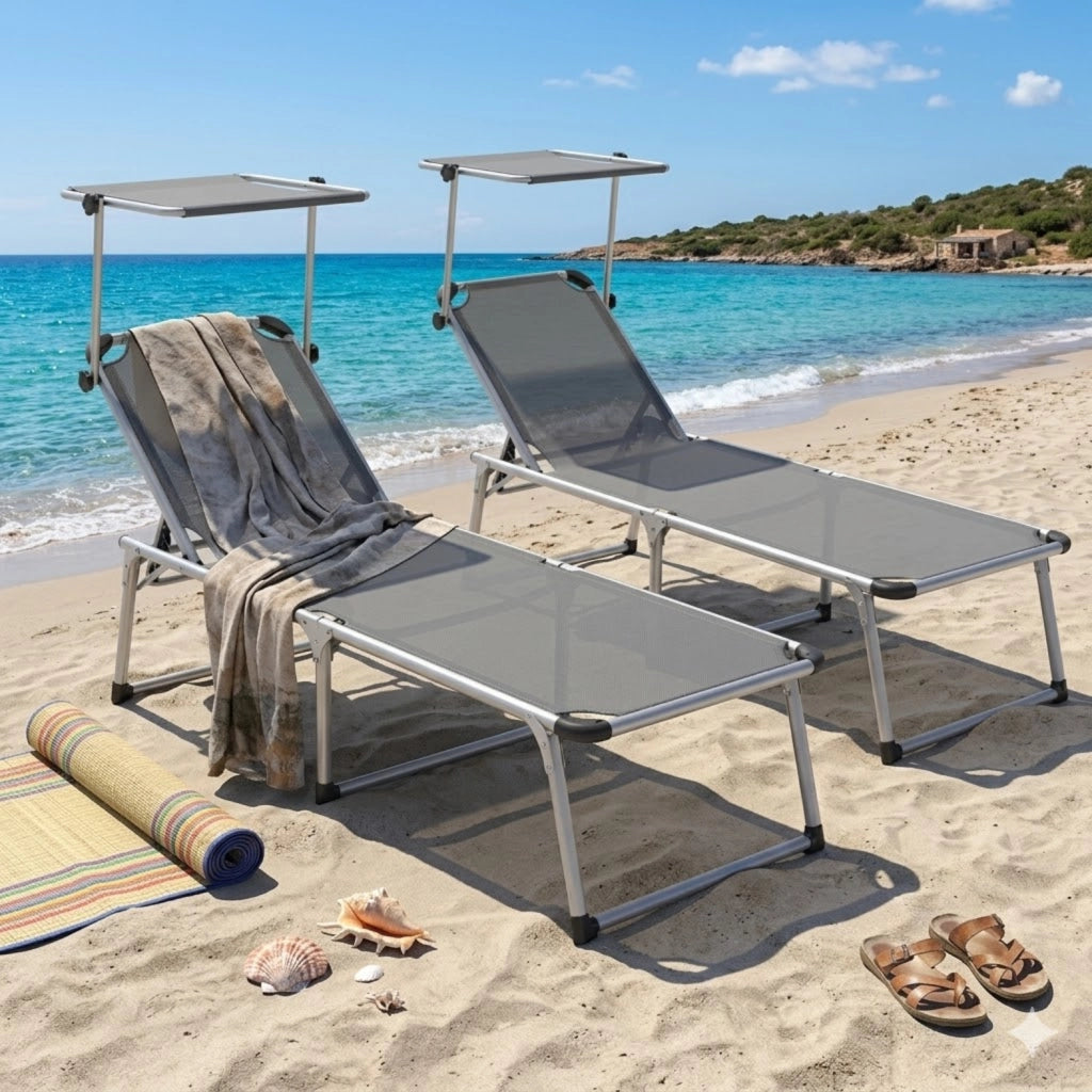 Set Lettini Prendisole Pieghevoli Tettuccio Parasole Schienale Regolabile Reclinabile 6 Posizioni Struttura In Alluminio Sedia Relax Spiaggia Mare Giardino Piscina 187 x 59 x 29 Cm Grigio Scuro