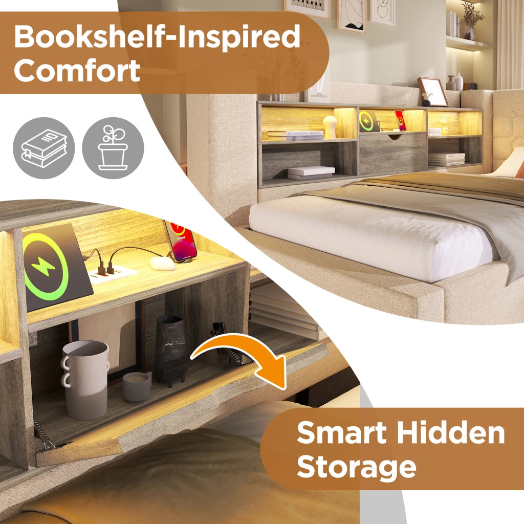 OKWISH Letto Contenitore 140×190 cm, Letto Matrimoniale con LED, USB, Tipo C e Testiera a L, senza Materasso, in Lino, Beige