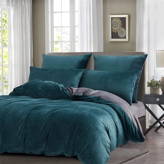 Set di coperte reversibili in piuma di velluto caldo - 135 x 200 cm - 4 pezzi - Petrol, Blu, Grigio - Caldo e soffice - Pluche invernale - Copertina a un colore uniforme
