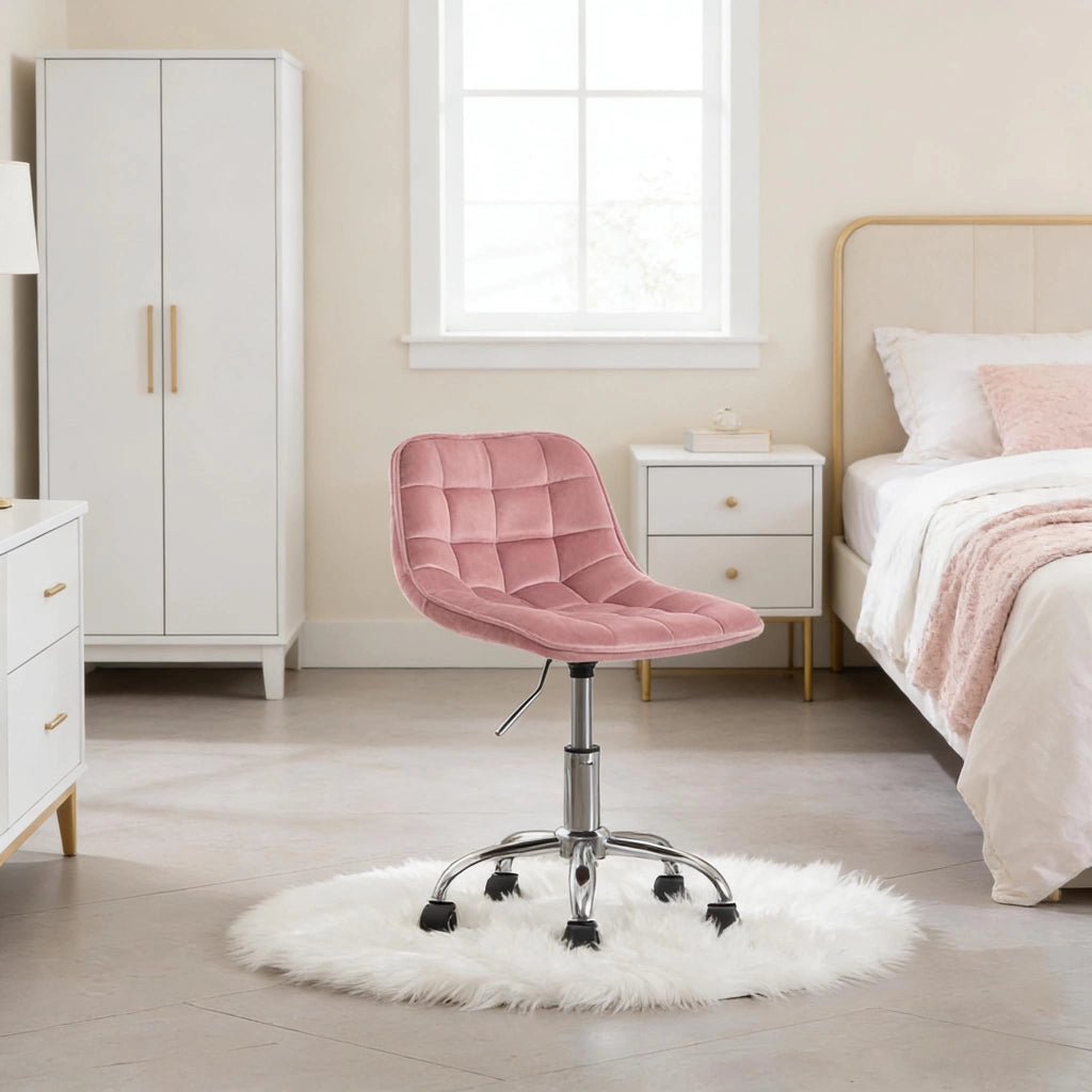 Sedia da ufficio girevole con altezza regolabile, schienale ergonomico e base a 5 razze con ruote in velluto rosa