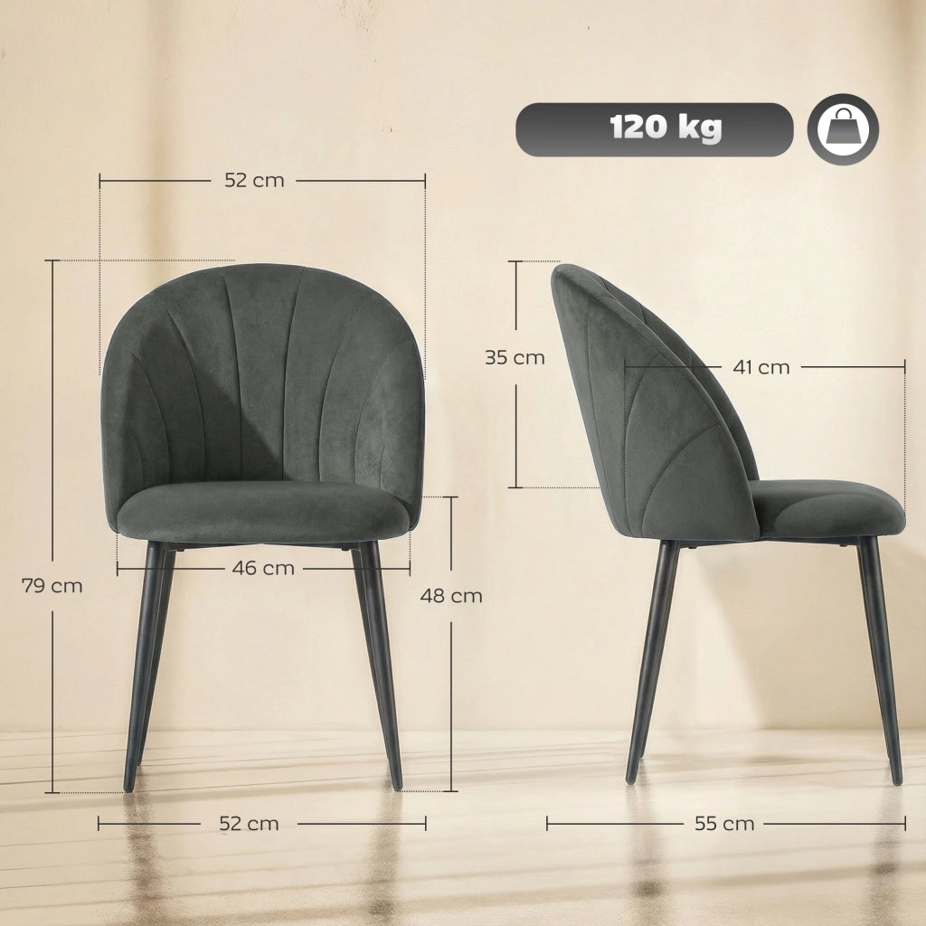 Set 2 Sedie da Pranzo 52x55x79 cm Imbottite con Schienale a Conchiglia in Velluto Grigio