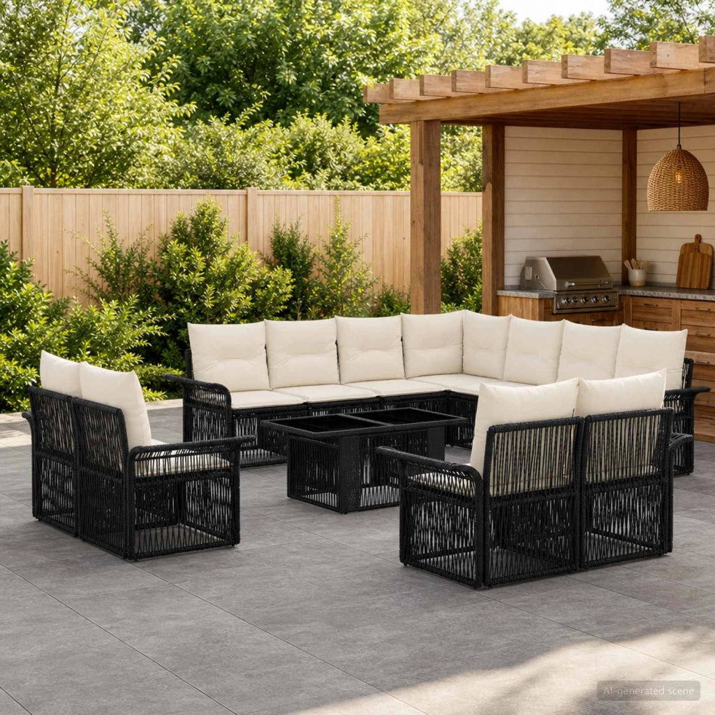 Set Divano da Giardino 12 pz Nero e Bianco Crema polyrattan 3436717