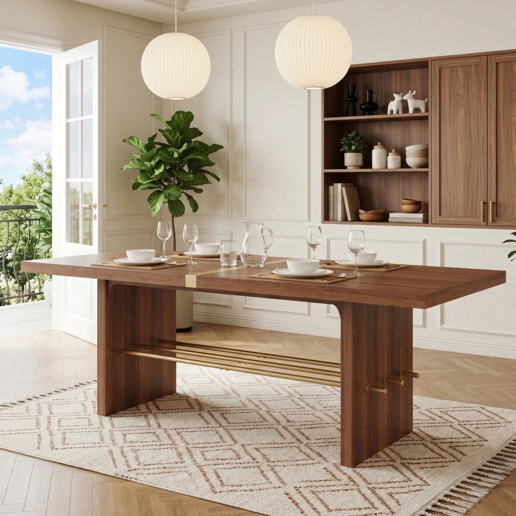 Tavolo da pranzo 180x75 cm per 6-8 persone; in MDF effetto noce con dettagli oro