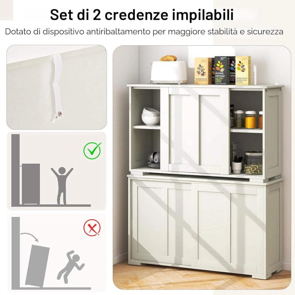 Credenza Cucina con Ripiano Regolabile, Dispositivi Anti-Ribaltamento e Ante Scorrevoli, Mobile Buffet Dispensa Cucina in MDF, Armadietto a Buffet per Sala da Pranzo, 107x33x60cm (Crema)